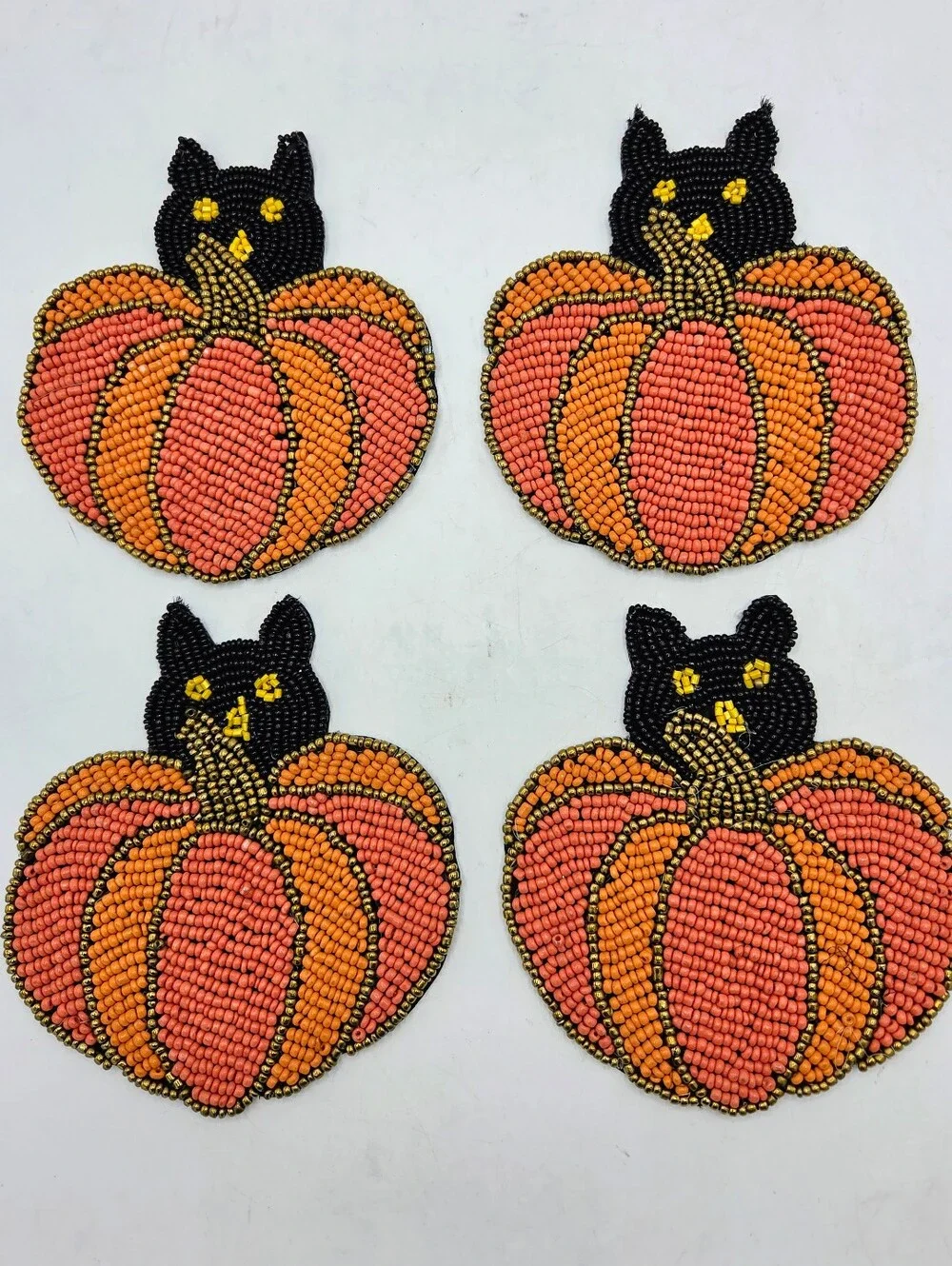 Pier 1 Imports Beaded Black Cat Pumpkin Halloween Coasters Set of 4